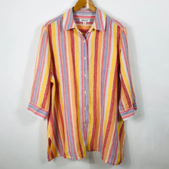 100% LINEN Coldwater Creek Multicolor Striped Blouse - Picture 1 of 7